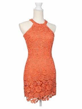 Lulus Orange Crochet Lace Halter Mini Dress Floral Overlay Bodycon Cocktail XS